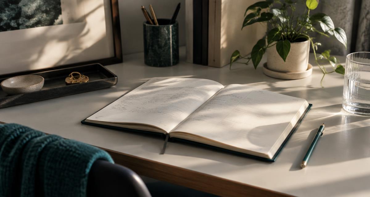 An open paper planner on a desk with a pencil and a glass of water in morning light