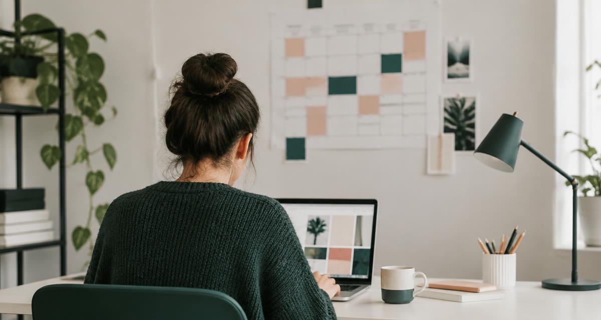 A freelancer working at a laptop in a bright studio with a colour-blocked wall planner