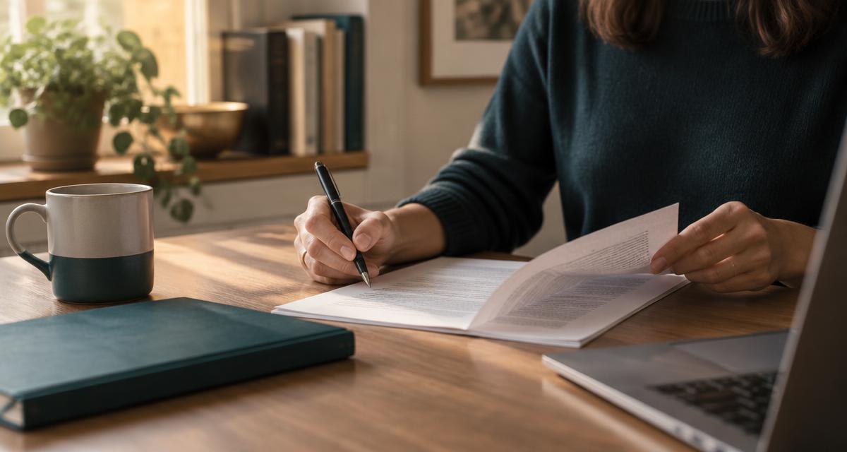 A person reviewing printed pages with a pen at a wooden desk in soft afternoon light